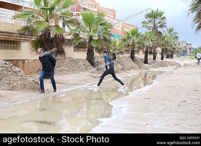 Tavernes de la Valldigna, Valencia, Spain, January 22, 2020. The sand reaches half the doors of the garages and makes the streets impassable
