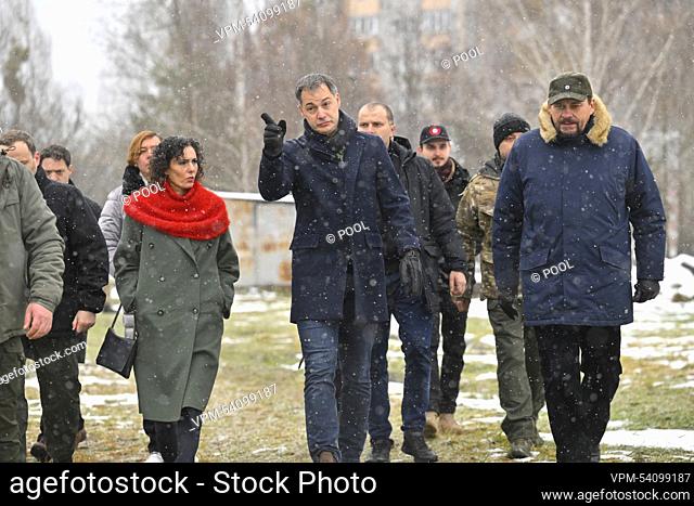 Foreign minister Hadja Lahbib and Prime Minister Alexander De Croo pictured during a visit to Bucha, on the outskirts of Kyiv