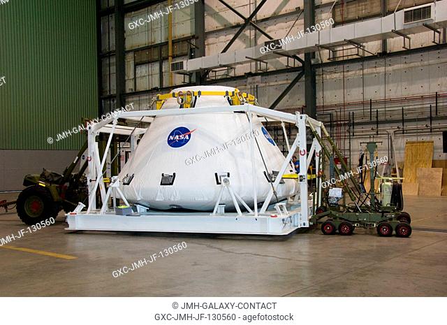 The Orion crew module that will be used for the Orion Launch Abort System Pad Abort-1 flight test is photographed prior to loading onto a Mississippi Air...