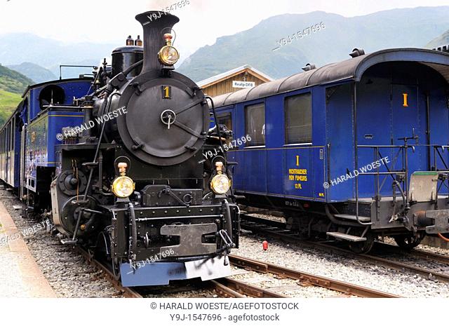 Furka cogwheel steam railway at Realp station  Switzerland, Western Europe, Grimsel-/Furka region, Uri  The steam engine HG 3/4 No  1 Furkahorn DFB 1 was built...