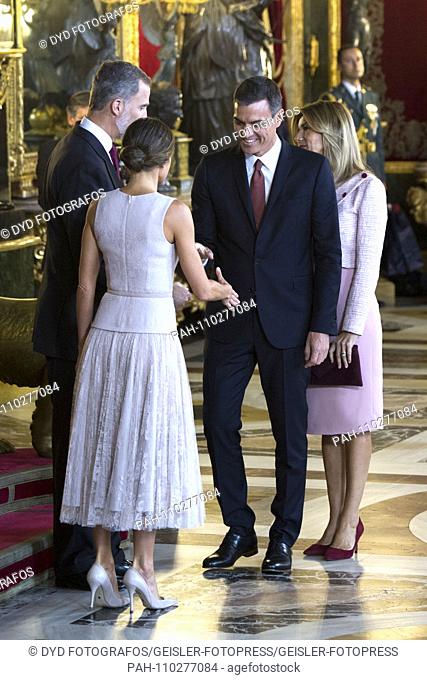 Queen Leitzia of Spain, King Felipe VI. from Spain and Pedro Sanchez with wife Maria Begona Gomez Fernandez at the reception for the National Day in the Palacio...