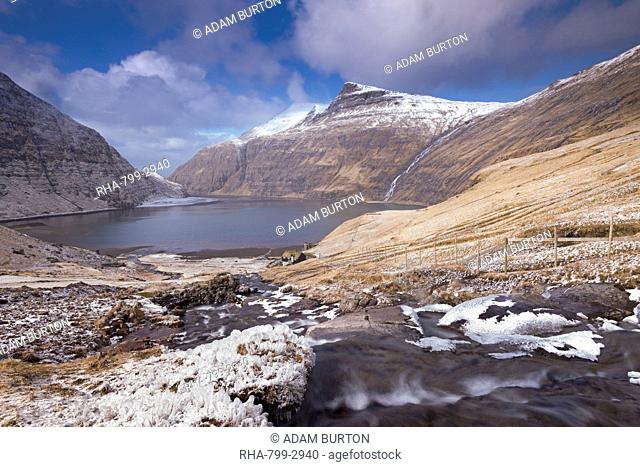 Snow and ice covered landscape at Saksun on the island of Streymoy, Faroe Islands, Denmark, Europe