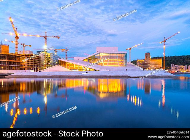 Oslo, Norway - May 7, 2017: Oslo city skyline with Oslo Opera House at night in Oslo city, Norway