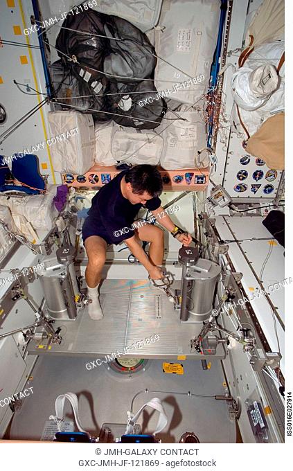 Astronaut Daniel Tani, Expedition 16 flight engineer, prepares to use the short bar for the Interim Resistive Exercise Device (IRED) to perform upper body...