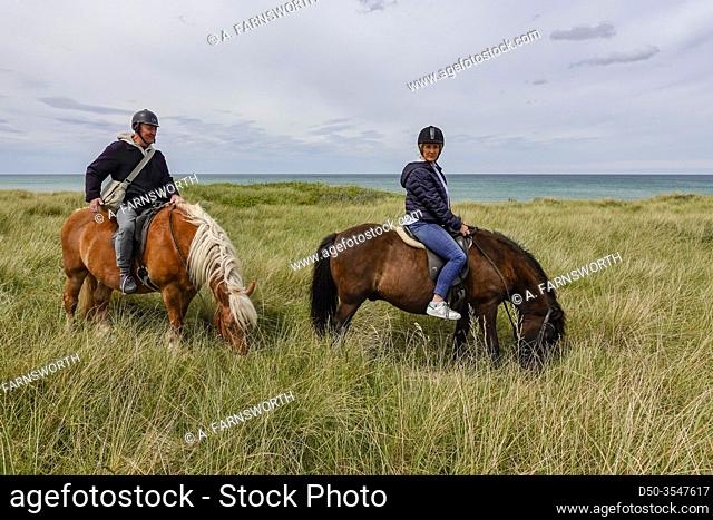 Hirtshals, Denmark A middle-aged couple horseback riding among the wind swept dunes and high grasses along the coast