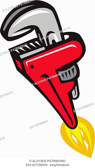 Illustration of a pipe wrench rocket booster blasting off set on isolated white background done in retro style