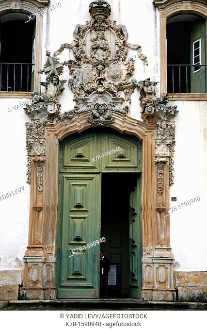 The soapstone doorway of Sao Francisco de Assis church, Ouro Preto, Brazil