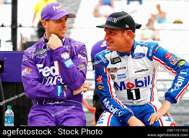 July 22, 2017 - Speedway, IN, USA: Denny Hamlin (11) and Clint Bowyer (14) hang out on pit road before qualifying for the Brantley Gilbert Big Machine Brickyard...