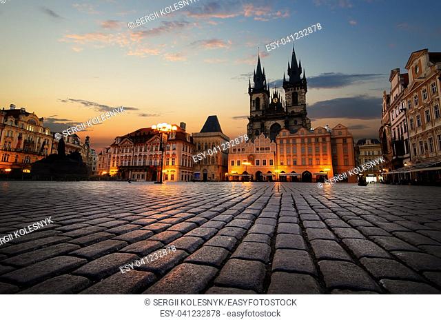 View on Old Town Square in Prague at sunrise
