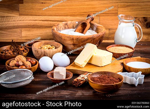Assortment of baking ingredients for Xmas cookies and biscuits