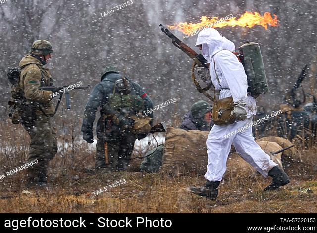 RUSSIA, ROSTOV-ON-DON - FEBRUARY 12, 2023: Participants in a historical reenactment titled 'Battles on the Southern Front