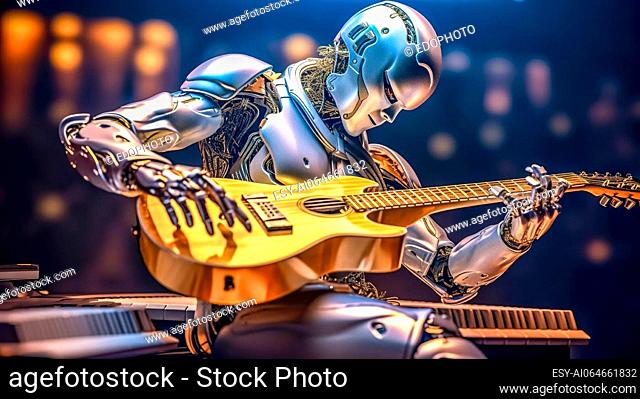 modern robot playing the guitar, cyborg musician made with Generative AI
