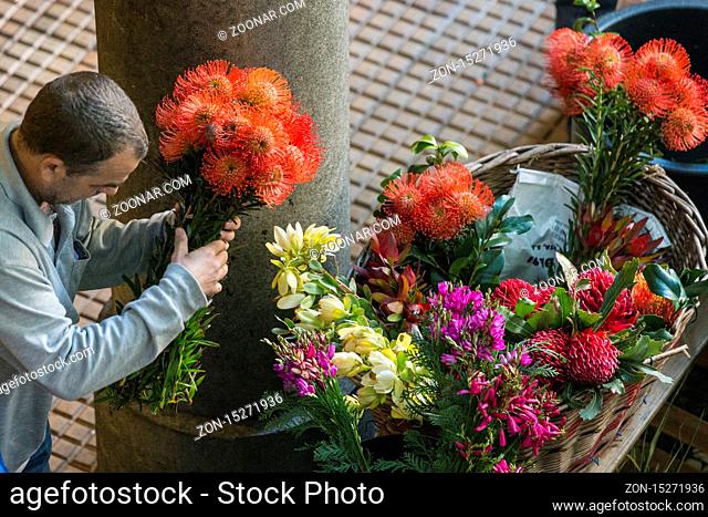 The Flower market at the Mercado dos Lavradores in the city centre of Funchal on the Island Madeira of Portugal.  Portugal, Madeira, April 2018