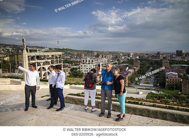 Armenia, Yerevan, The Cascade, high angle view of city skyline with visitors, NR