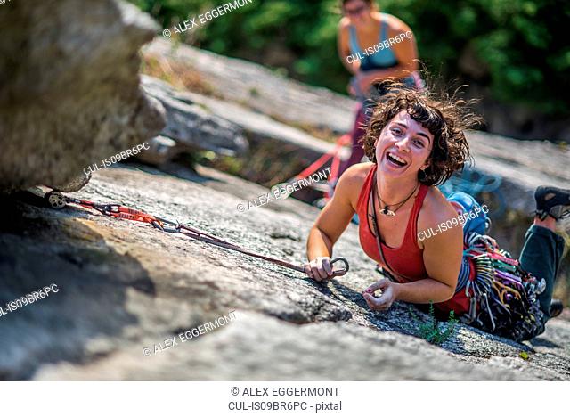 Girlfriends rock climbing, Malamute, Squamish, Canada