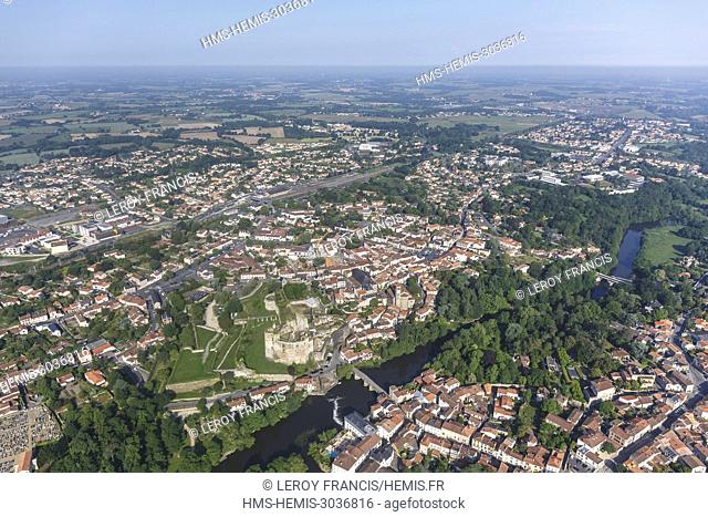 France, Loire Atlantique, Clisson, the castle and the city on the Sevre Nantaise river (aerial view)