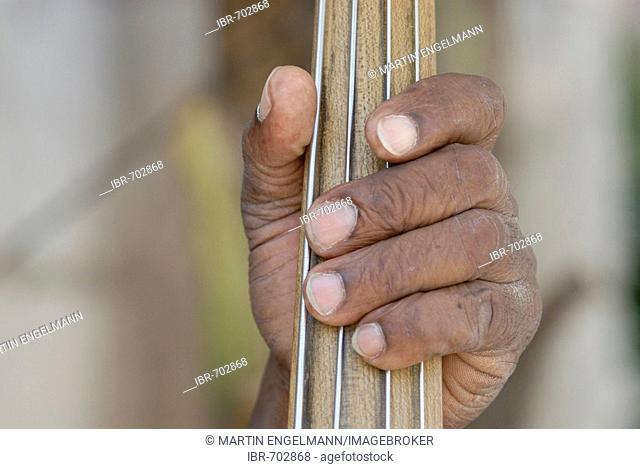 Fingers on the fingerboard of a double bass, Havana, Cuba, Caribbean, Americas