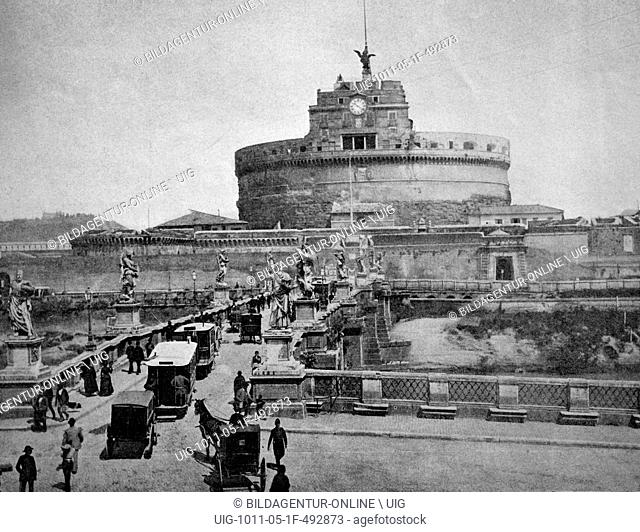 One of the first autotype prints, castel sant'angelo, mausoleum of hadrian, historic photograph, 1884, rome, italy, europe