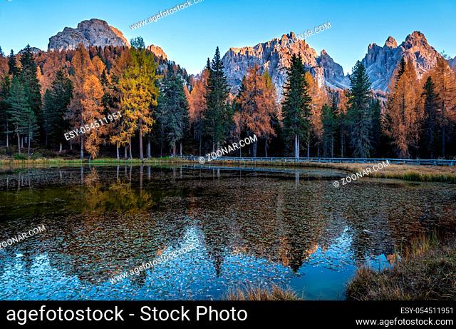Beautiful autumn evening Lake Antorno and Three Peaks of Lavaredo (Lago Di Antorno and Tre Cime di Lavaredo), Dolomites, Italy