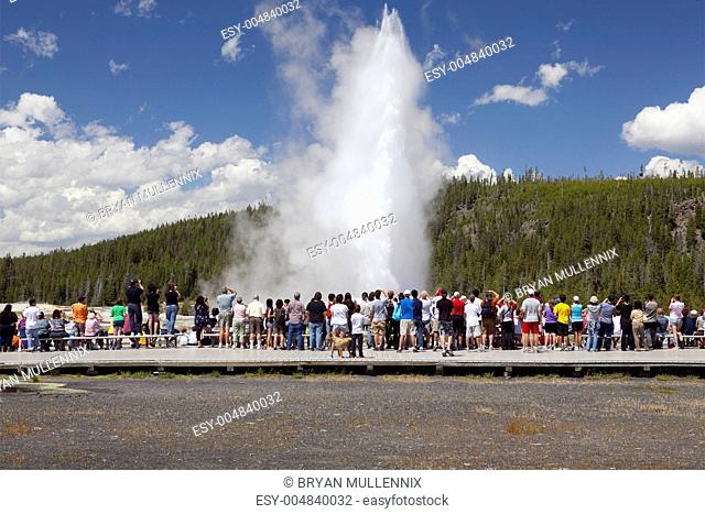 Tourists watch old faithful erupt