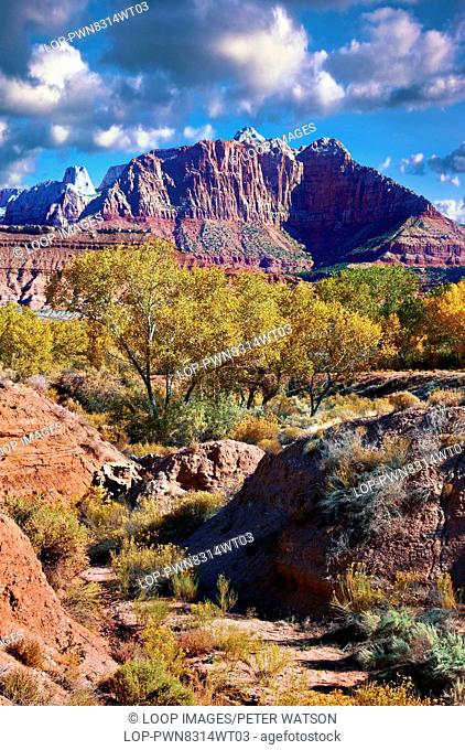 An autumn view of the mountains surrounding the Zion National Park from Springdale in Utah