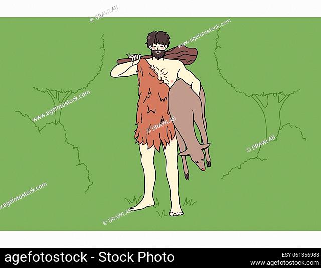 Caveman from stone age in traditional tribe clothing hold prey in hands. Primitive archaic man with cudgel. Tribal times