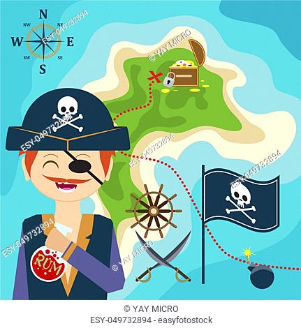 map with a pirate and a map of treasure island. Child Game. Help the pirate find treasures. illustration