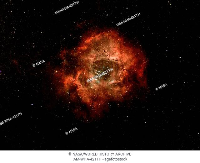 The Rosette nebula, a turbulent star-forming region located 5, 000 light-years away in the constellation Monoceros. Spitzer Space Telescope