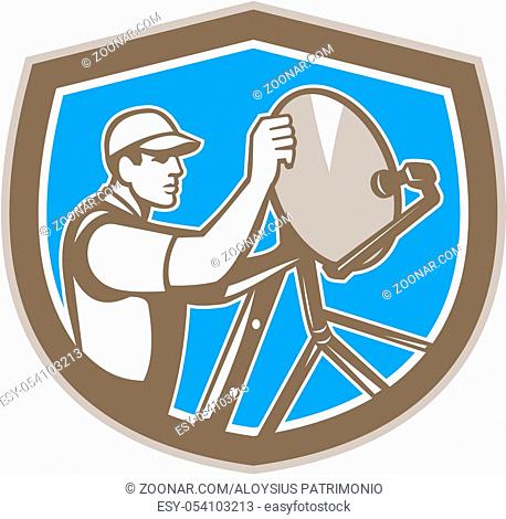 Illustration of a TV satellite dish installer set inside shield crest on isolated background done in retro style