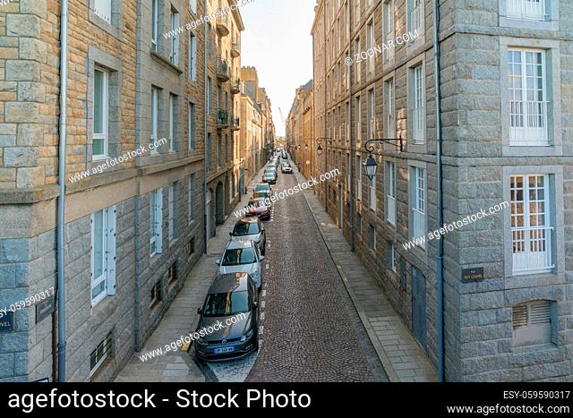 Saint-Malo, Ille-et-Vilaine / France - 19 August 2019: historic Norman stone houses in the Saint-Malo Intra-Muros Neighboorhood