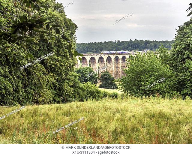 Northern Class 150 diesel train crossing the Crimple Valley Viaduct near Pannal Harrogate North Yorkshire England