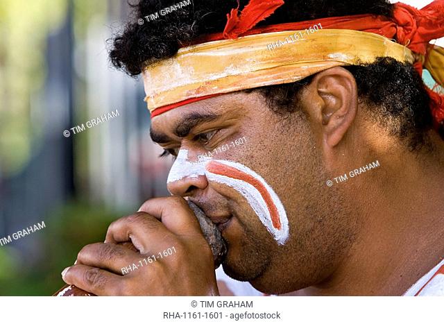 Australian Aborigine plays didgeridoo, New South Wales, Australia