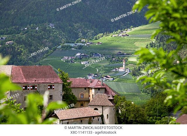 Schenna Scena near Meran Merano, palace, castle with a view towards the village of tyrol  Schenna is one of the most popular destinations in South Tyrol  Europe
