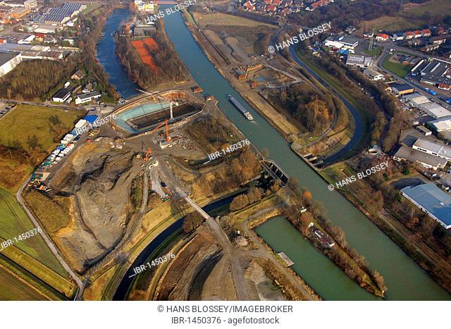 Aerial photo, Emscher River, Emscher Dueker, Henrichenburg, Rhine-Herne Canal, Castrop-Rauxel, Ruhr area, North Rhine-Westphalia, Germany, Europe