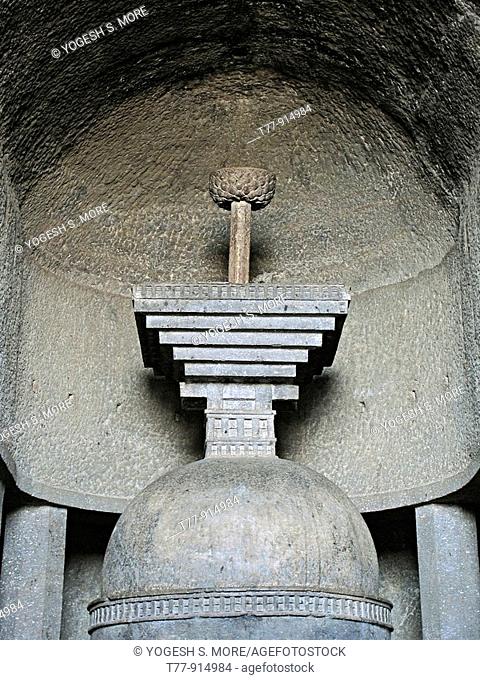 A Stupa of Buddhist Bedsa caves are 1000 years old, Bedsa, Maharashtra, India