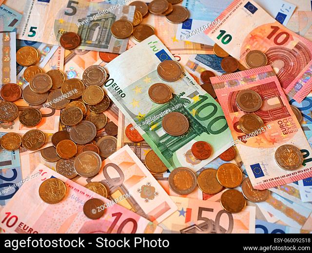 Euro (EUR) banknotes and coins, currency of European Union (EU)