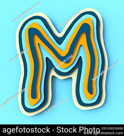 Colorful paper layers font Letter M 3D render illustration isolated on blue background