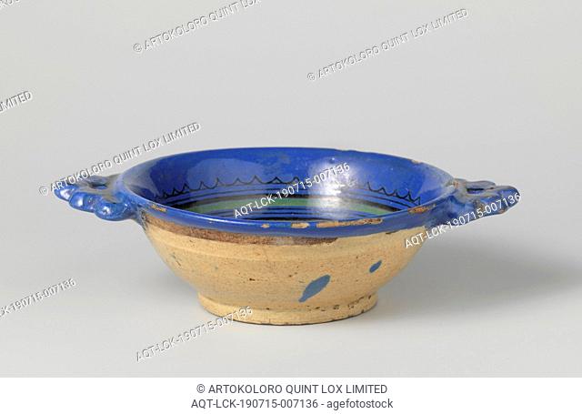 Porridge bowl with two ears, multi-colored on blue ground. On the bottom inside a rosette, concentric circles on wall, hemispherical porridge bowl of...
