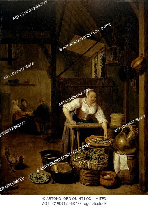 Maid on gutting fish, 1657, oil on oak, 52.5 x 40 cm, dated and signed on the barrel bottom right: 1657 HM., Sorgh (M inscribed in H), Hendrick Martensz
