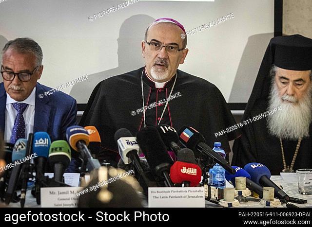 16 May 2022, Israel, Jerusalem: Pierbattista Pizzaballa (C), the Latin Patriarch of Jerusalem, delivers a condemning statement at Saint Joseph Hospital in the...