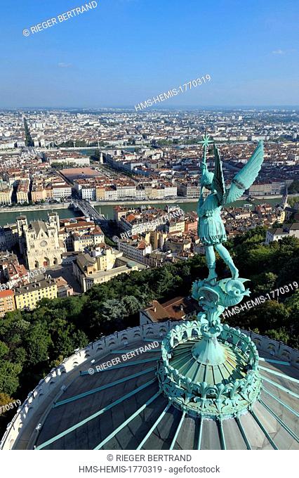 France, Rhone, Lyon, historical site listed as World Heritage by UNESCO, Vieux Lyon (Old Town), the statue of the Archangel Saint Michael slaying the dragon...