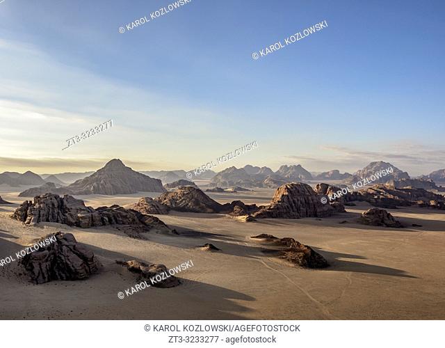 Landscape of Wadi Rum, aerial view from a balloon, Aqaba Governorate, Jordan