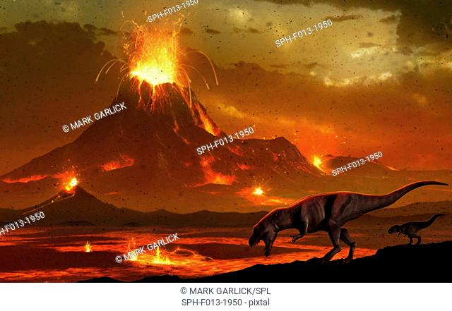 Artwork of a pair of tyrannosaur dinosaurs surveying a volcanic landscape. This depicts a scene at the end of the Cretaceous period in Earth's history