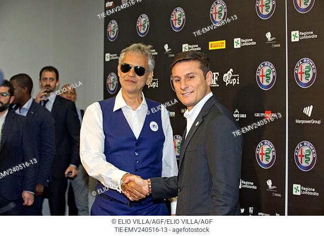 The tenor Andrea Bocelli with the former football player Javier Zanetti during the photocall for the presentation of show ' Boceli and Zanetti Night ', Milan