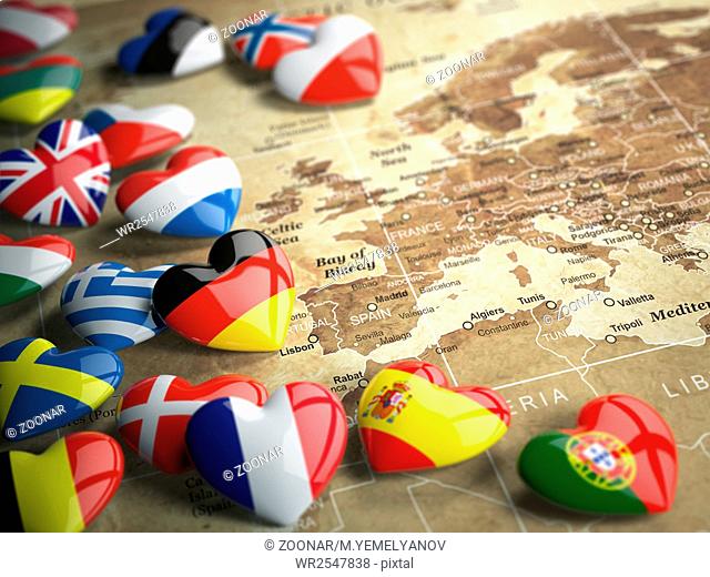 Map of Europe and hearts with flags of european countries. Travel EU concept