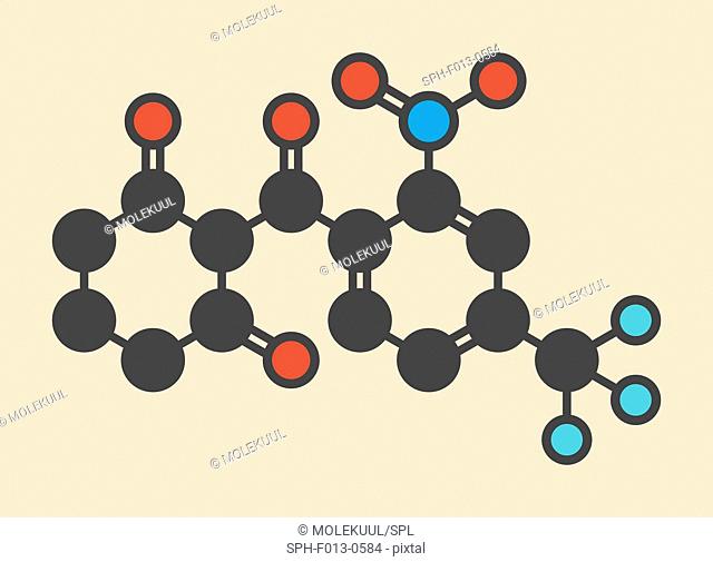 Nitisonone hereditary tyrosinemia type 1 drug molecule. Stylized skeletal formula (chemical structure). Atoms are shown as color-coded circles: hydrogen...