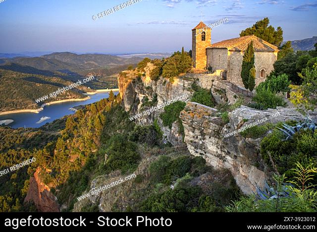 Siurana medieval village with romanesque church of Santa Maria de Siurana and the Siurana Lake in Prades mountainas Priorat Tarragona Catalonia Spain