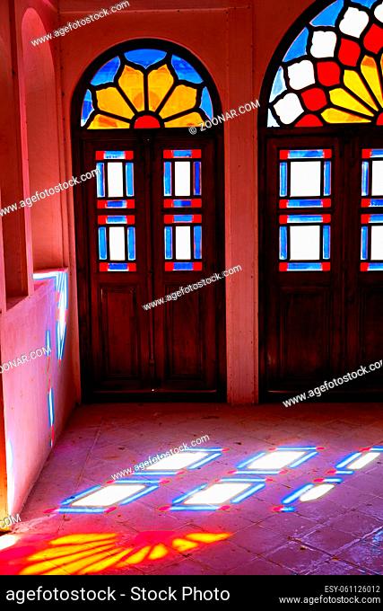in iran blur colors from the windows the old mosque traditional scenic light