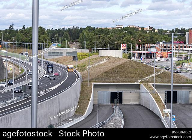 Stockholm, Sweden Empty traffic lanes leading into the new 21 kilometer-long Stockholm Bypass tunnel to be opened in 2025
