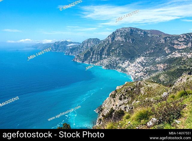 Shoreline of the scenic Amalfi coast from the path of the Gods, Italy